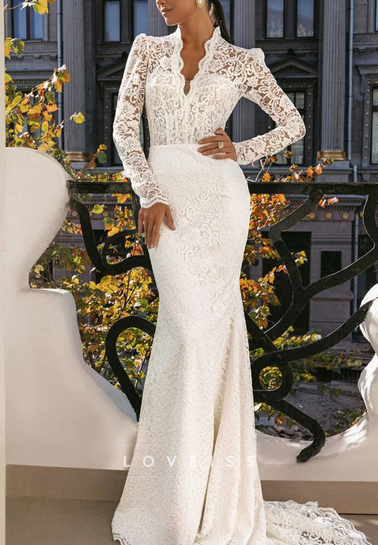 V-Neck Lace Appliques Long Sleeves Mermaid Wedding Dress