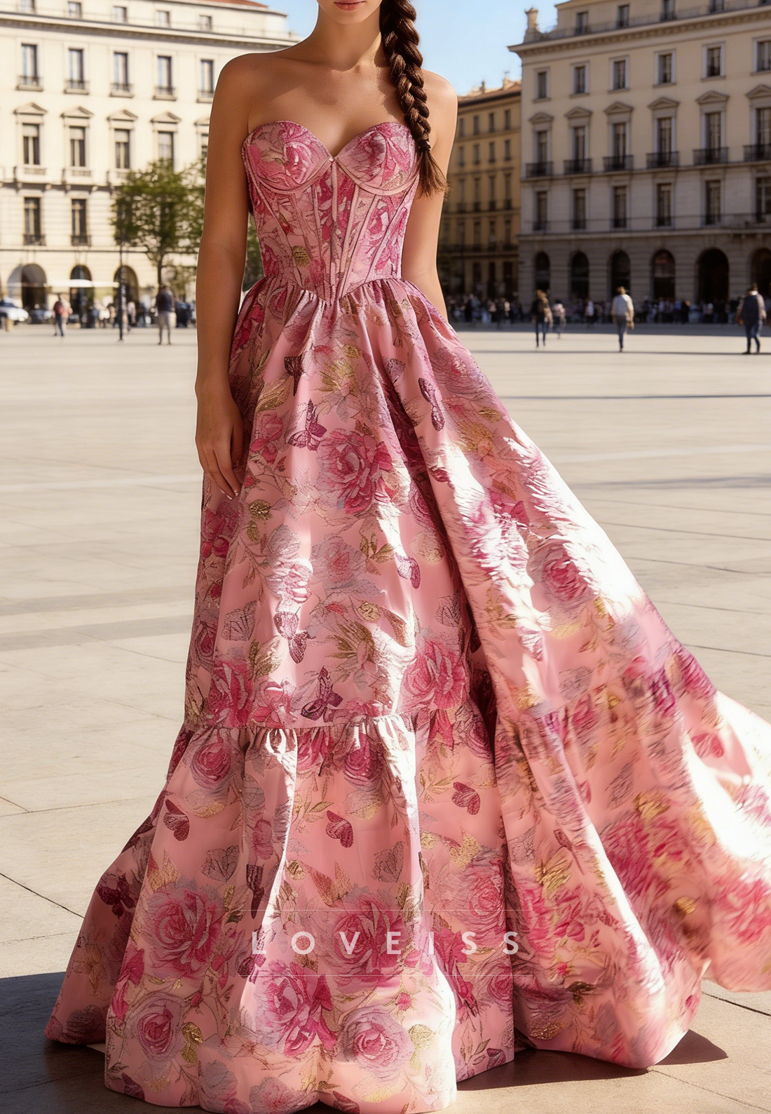 Sweetheart Floral Printed Satin A-Line Prom Dress