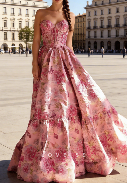 Sweetheart Floral Printed Satin A-Line Prom Dress