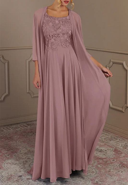 Scoop Half Sleeves Chiffon Appliques Long Mother of Bride Dress