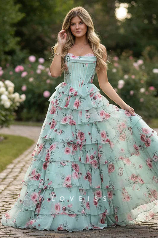 Cute A Line Strapless Sweetheart Floral Chiffon Tiered Long Prom Dress