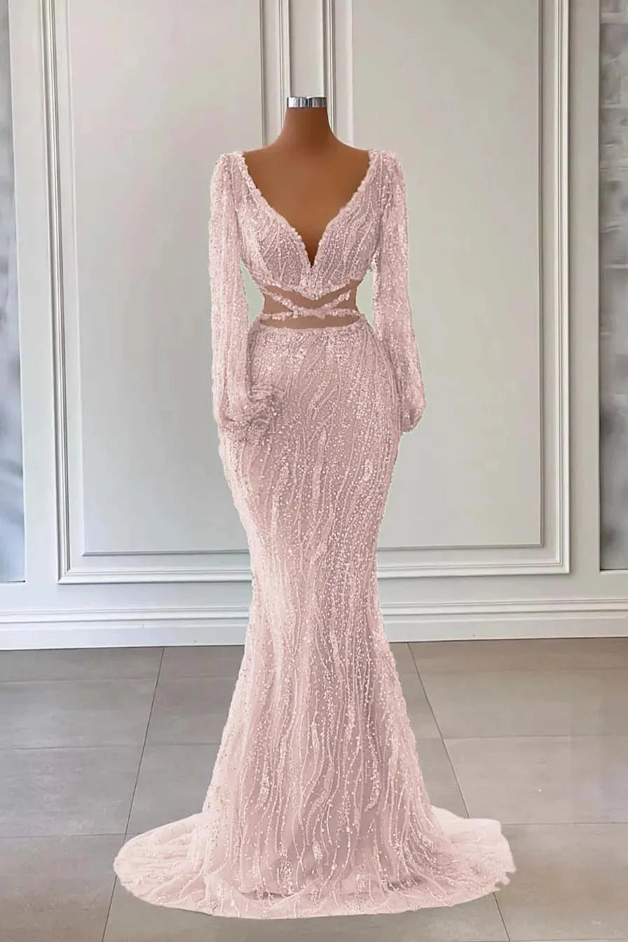 Light Green Long Sleeves V-Neck Mermaid Evening Dress With Sequins Beads