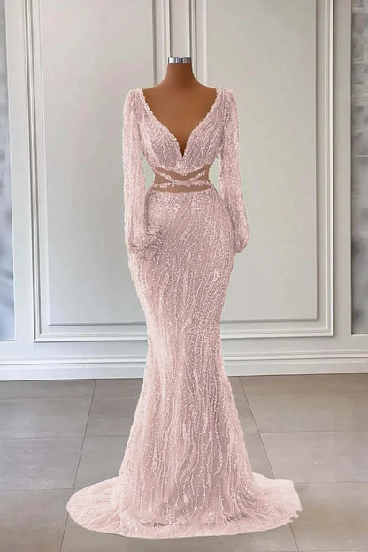 Light Green Long Sleeves V-Neck Mermaid Evening Dress With Sequins Beads