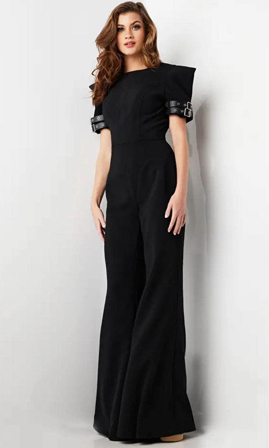 Jovani 36692 - Belt-Like Detailed Short Sleeve Jumpsuit