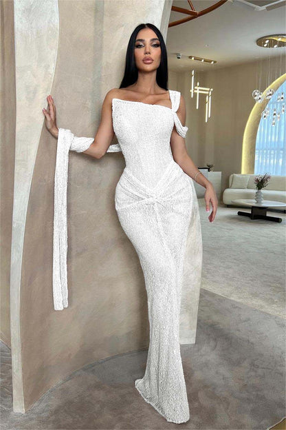 Lussooy Sage Shinning One Shoulder Sequins Sleeveless Split Prom Dress with Pleated