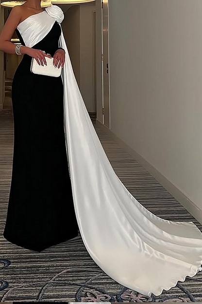 3D Flower Decor Skew Neck Colorblock Gowns Maxi Cape Dresses-Black