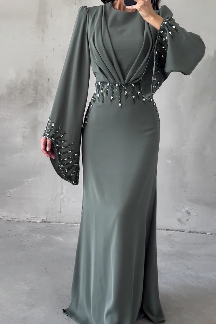 Hot Drilling Irregular Sleeve Pleated Party Maxi Dresses-Blue