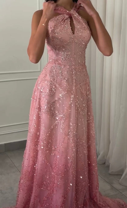 Elegant Halter High Open Sequin Bead Fishtail Skirt