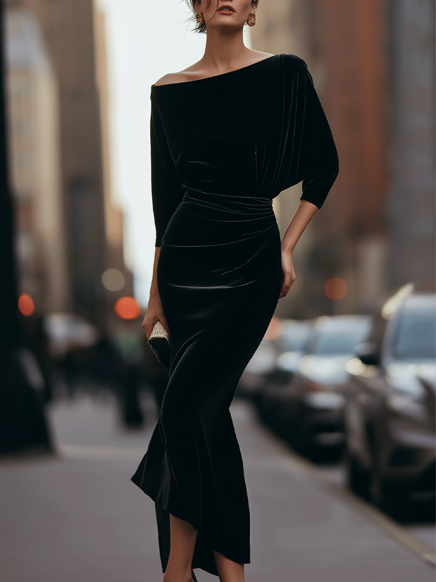 Black Off-Shoulder Velvet Dress With Draped Detail