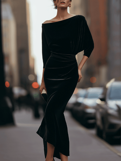 Black Off-Shoulder Velvet Dress With Draped Detail