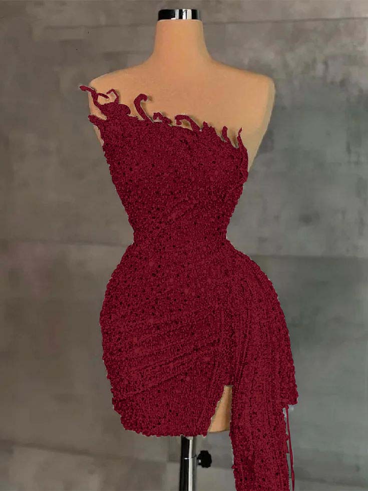 Lussooy Gorgeous High Neck Brown Chiffon Long Sleeves Short Prom Dress with Pleated