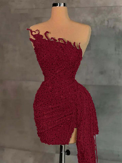 Lussooy Gorgeous High Neck Brown Chiffon Long Sleeves Short Prom Dress with Pleated