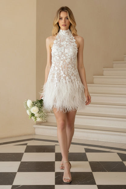 High Neck Appliques Feathered A-Line Short Wedding Dress