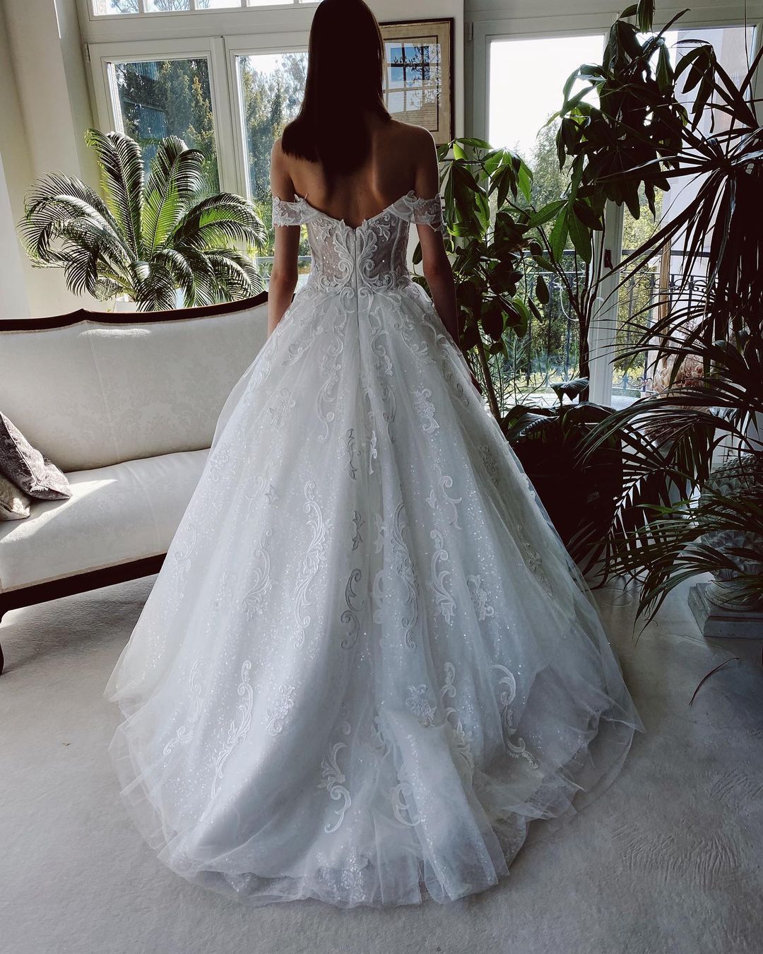 Charming Long A-line Tulle Wedding Dress With  Off-The-Shoulder