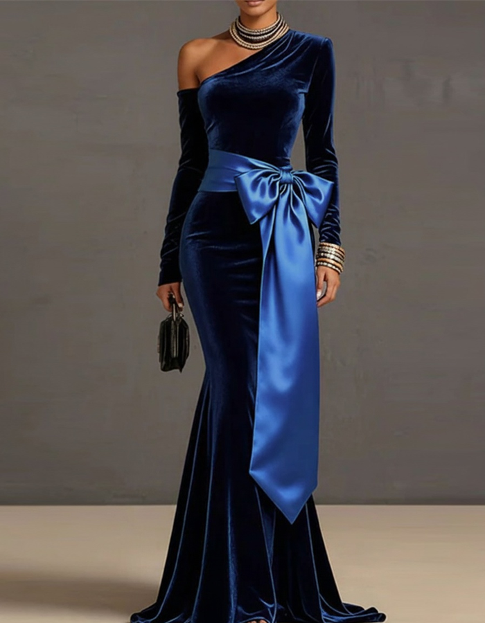 Dark Blue A-Line Mother of the Bride Stretch Satin Floral Print Midi Dress