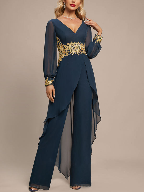 Jumpsuit/Pantsuit Separates V-Neck Floor-Length Chiffon Evening Dress With Appliques Lace