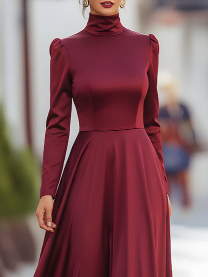 Burgundy Satin Maxi Dress With High Neck And Flowing Skirt