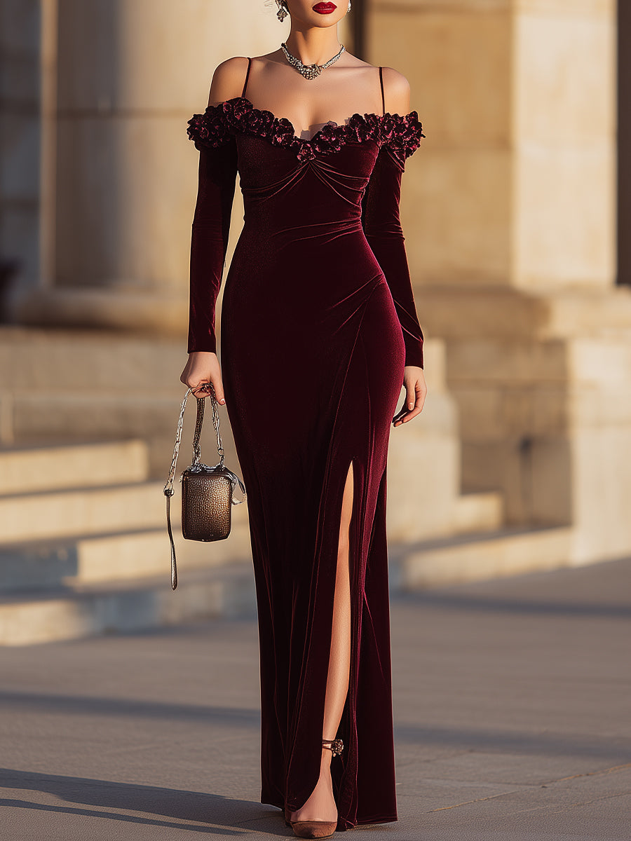 Velvet Off-Shoulder Rose Embellished Gown In Burgundy