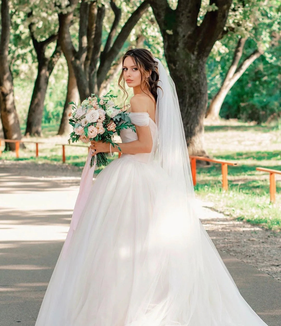 Beautiful Tulle Off-the-shoulder A-line Long Wedding Dress With Chapel Train