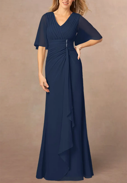 V-Neck Short Sleeves Chiffon Sheath Long Mother of Bride Dress