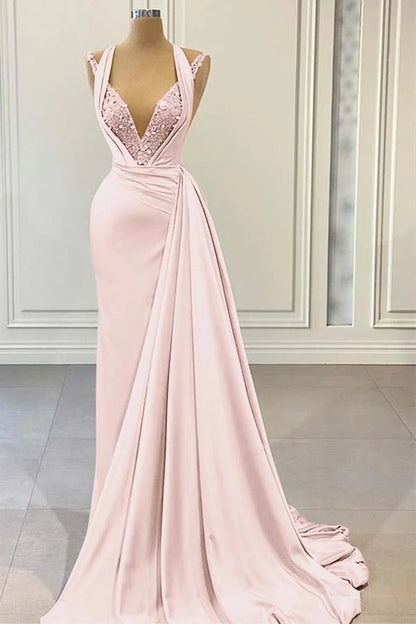 Elegant Pink Halter Sleeveless With Sequins Evening Dress