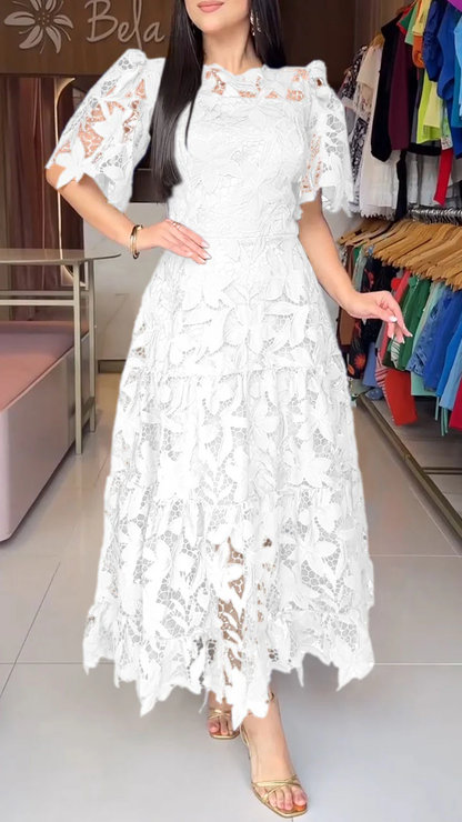 Women's short-sleeved lace hollow dress