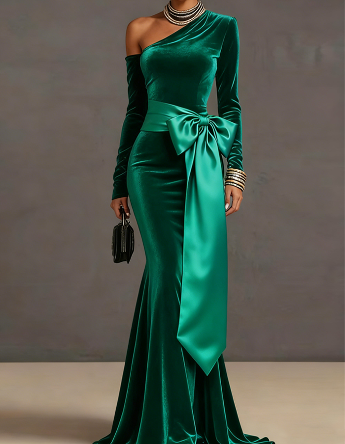 Gold Satin Off-the-shoulder Long Sleeves Maxi Dress