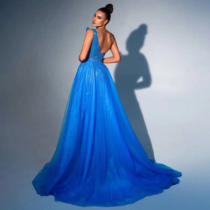 Strapless Evening Dress with High Split, Beaded Elegance