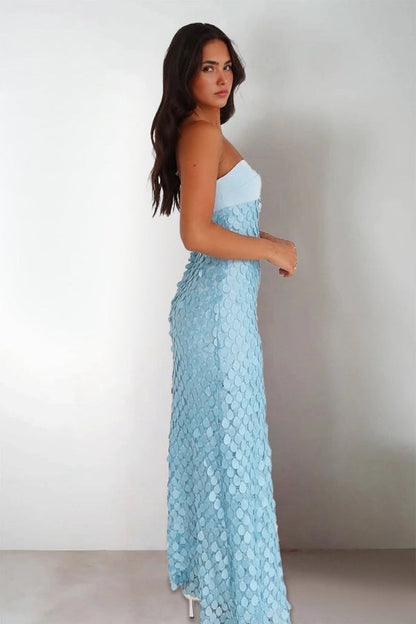 Sheath Strapless Light Blue Satin Sequins Long Prom Dresses