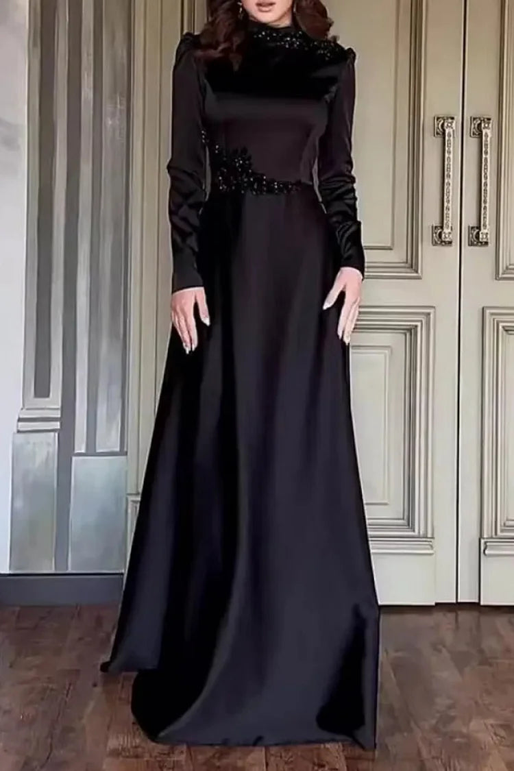 Mock Neck Long Sleeve Flower Patchwork Party Maxi Dresses-Black