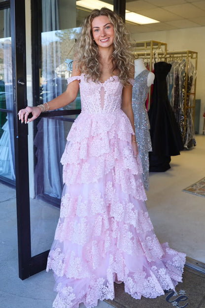 Gorgeous A Line Off the Shoulder Pink Tiered Prom Dress with Slit
