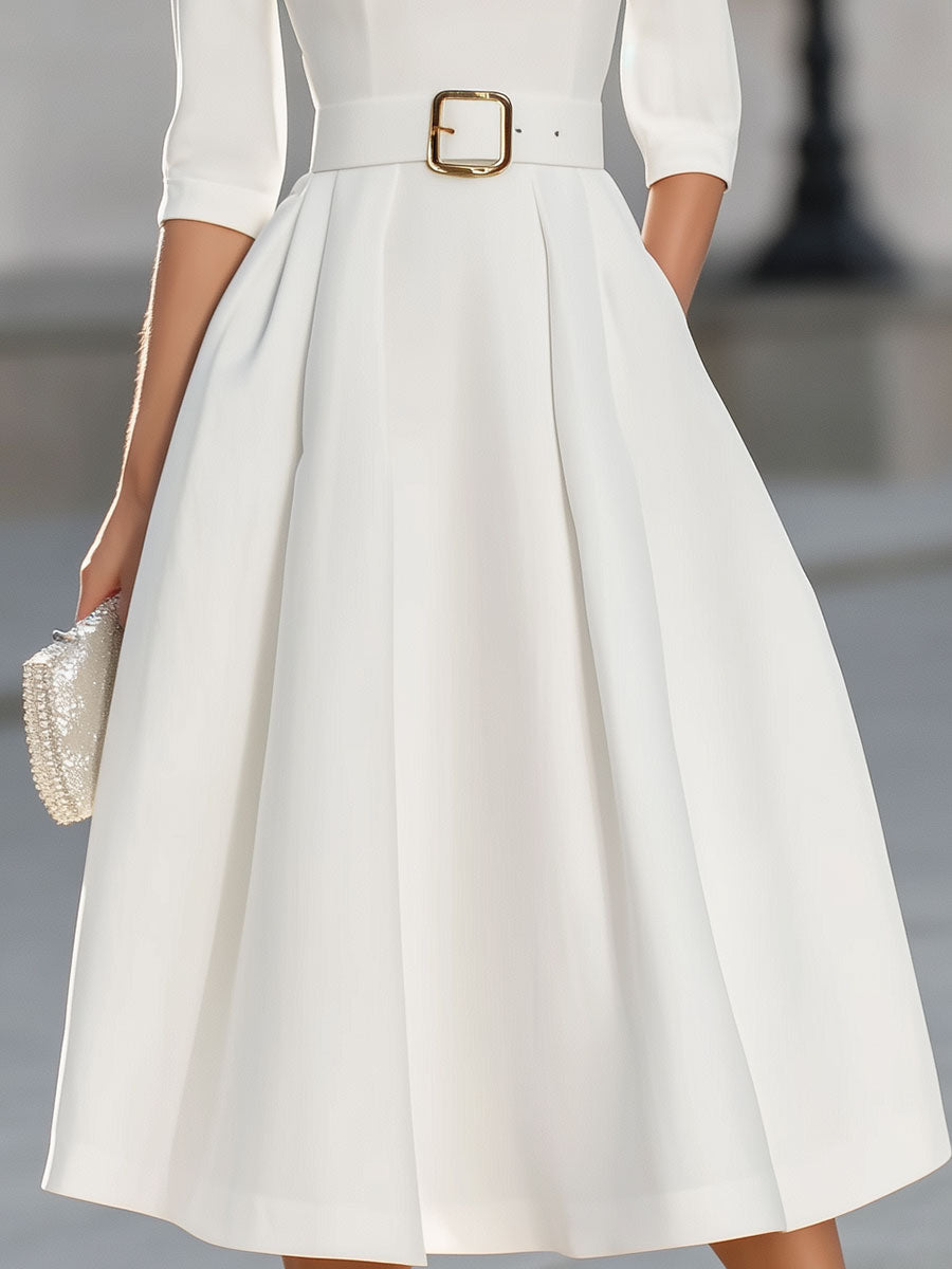 Elegant White Keyhole Neck Midi Dress With Structured Belt