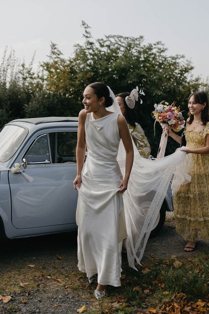 Romantic Sheath Boat Neck Silk Satin Long Weddingl Dresses