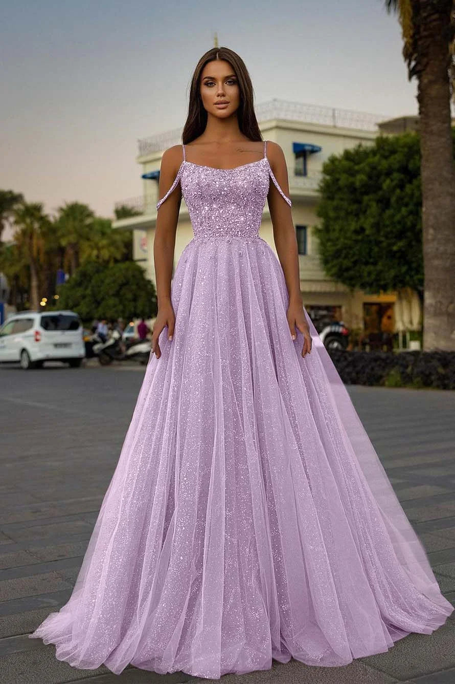Tulle A-Line Long Spaghetti-Straps Prom Dress With Sequins Beads