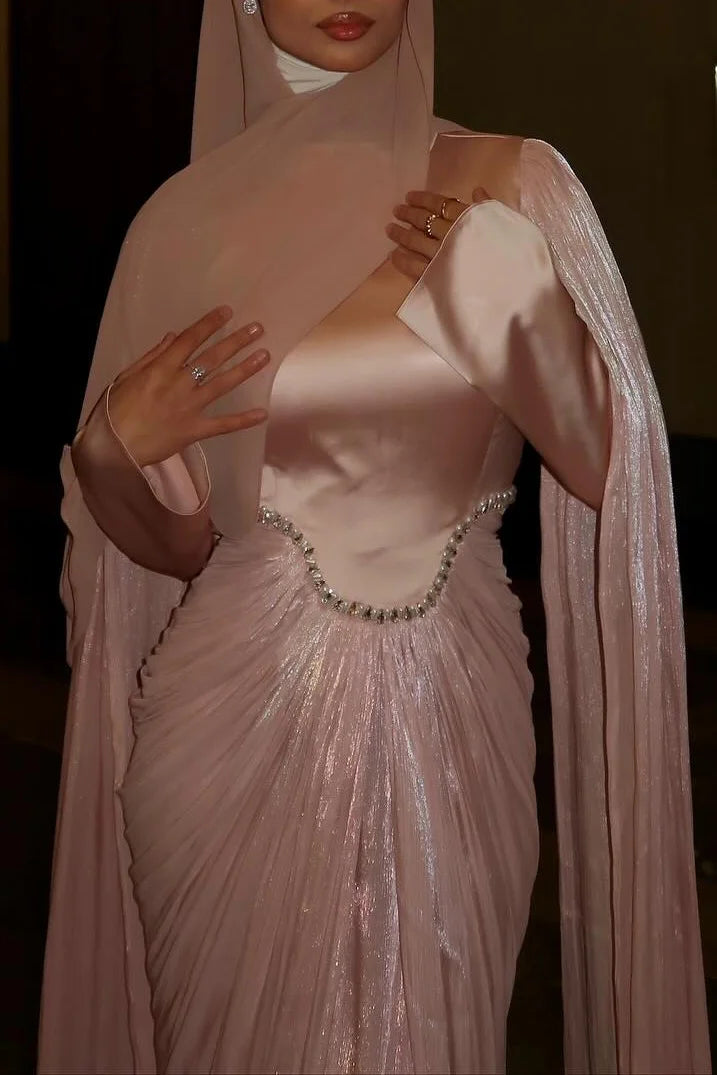 Rhinestone Cape Sleeve Ruched High Neck Party Maxi Dresses