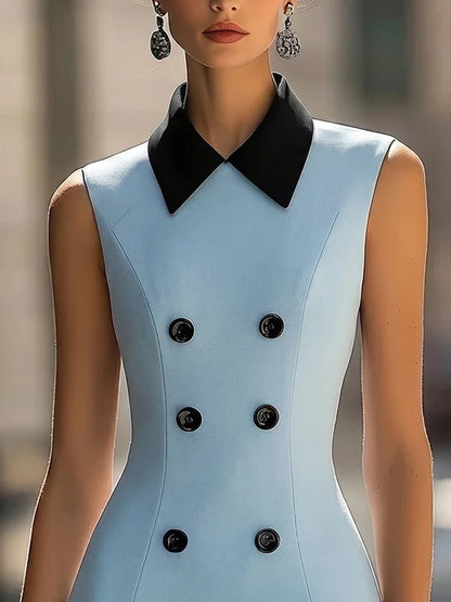 Sky Blue & Black Contrast Collar Double-Breasted Sleeveless Bodycon Mini Dress