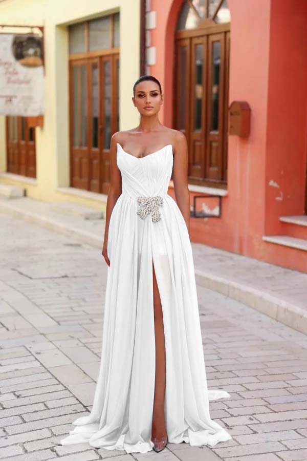 Lussooy Chic Spaghtti Strap Silver Satin Sleeveless Prom Dress with Split