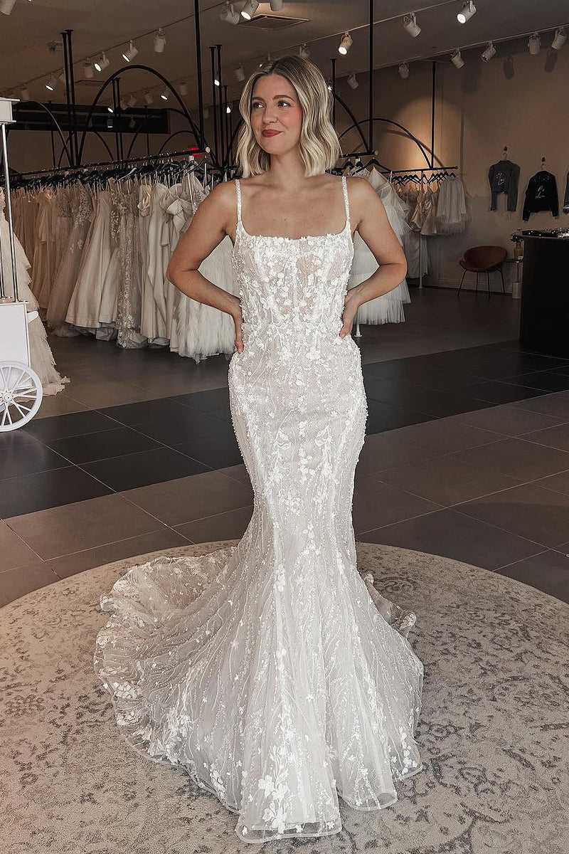 Mermaid Square Neck Tulle Lace Wedding Dresses