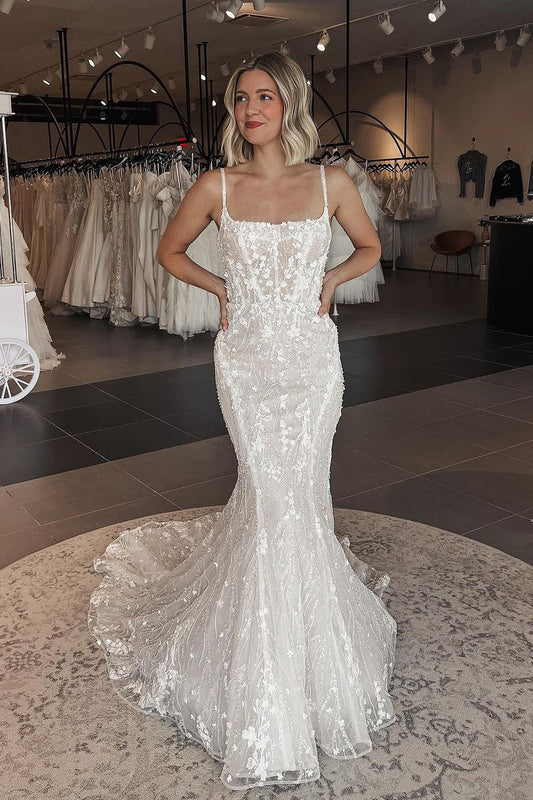 Mermaid Square Neck Tulle Lace Wedding Dresses