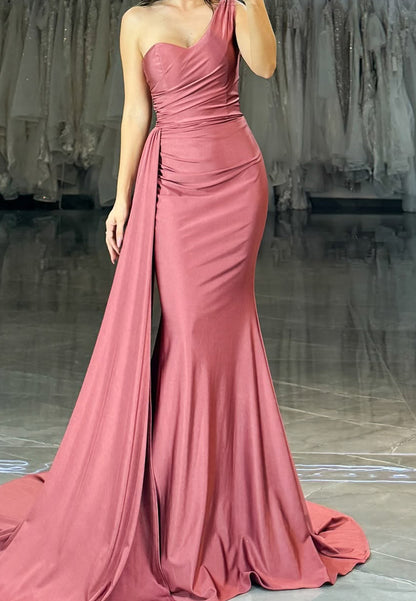 One Shoulder Sleeveless Pleated Sleek Mermaid Formal Dress