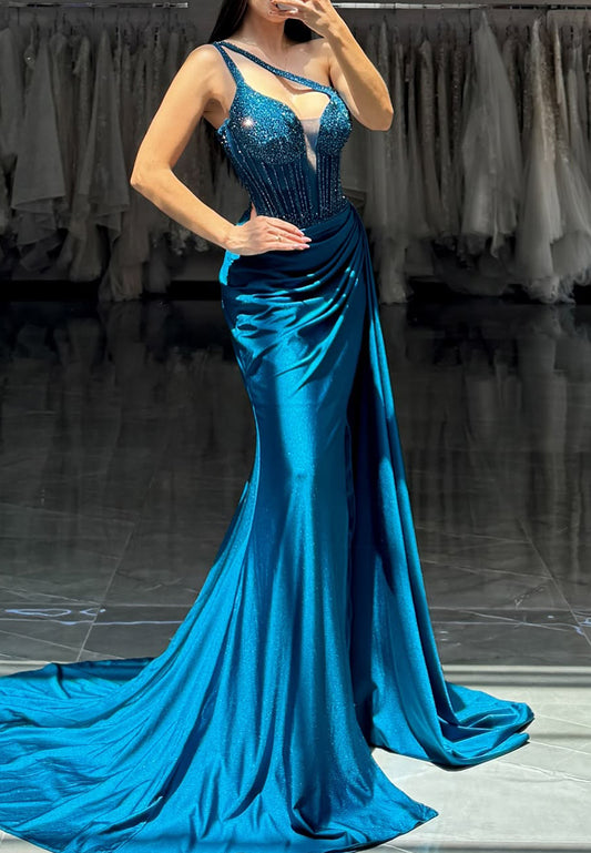 One Shoulder Spaghetti Straps Beaded Ruched Sheath Prom Dress