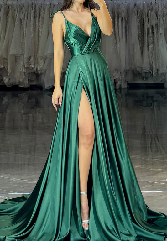 V-Neck Spaghetti Straps Pleated Sleek A-Line Simple Prom Dress