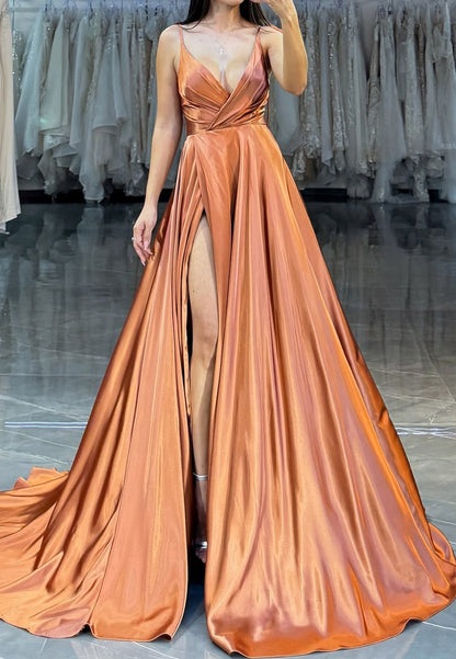 V-Neck Spaghetti Straps Pleated Sleek A-Line Simple Prom Dress