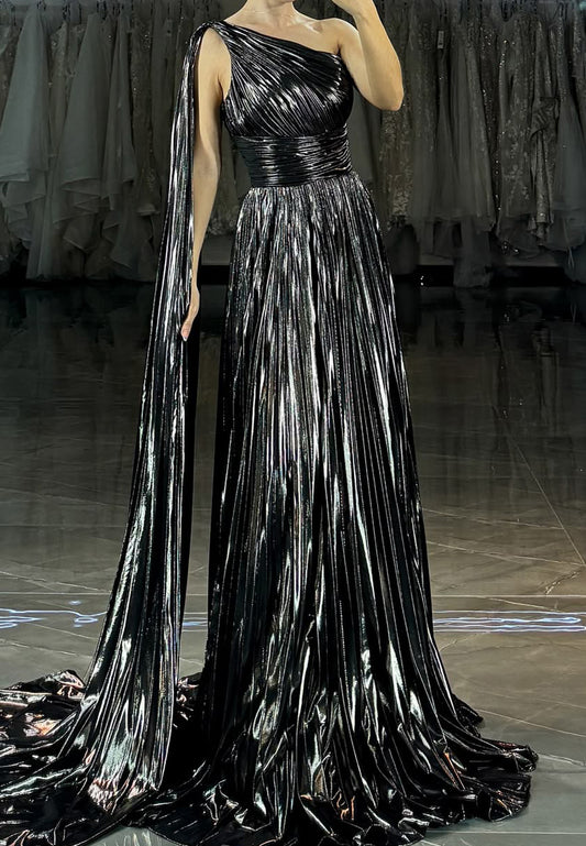 One Shoulder Sleeveless Pleated A-Line Prom Dress