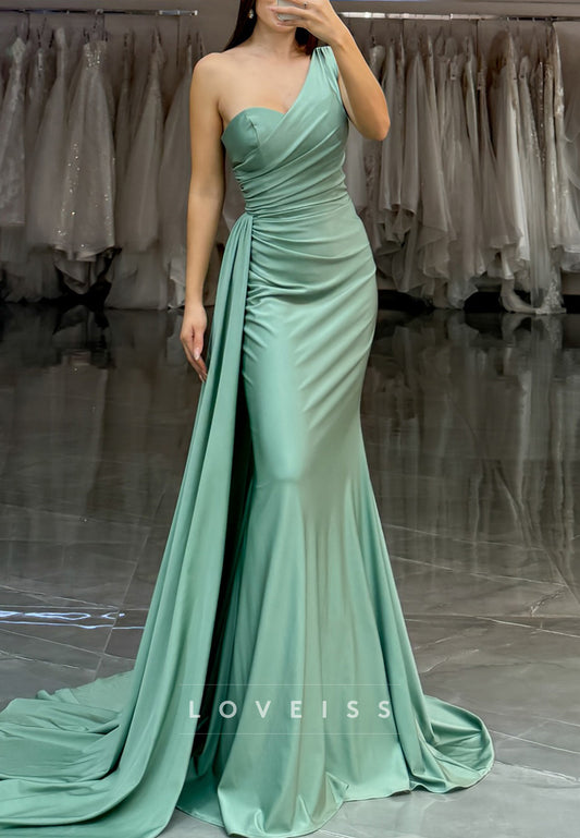 One Shoulder Sleeveless Pleated Sleek Mermaid Simple Formal Dress