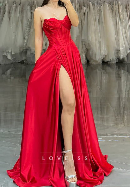 Sweetheeart Sleeveless Side Slit Pleated A-Line Prom Dress