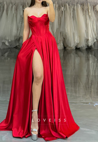 Sweetheeart Sleeveless Side Slit Pleated A-Line Prom Dress