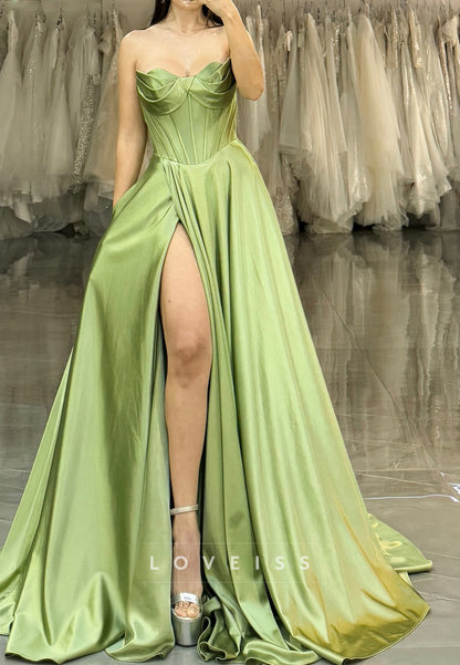 Sweetheeart Sleeveless Side Slit Pleated A-Line Prom Dress