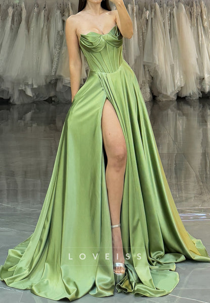 Sweetheeart Sleeveless Side Slit Pleated A-Line Prom Dress