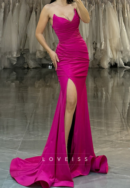V-Neck Strapless Pleated Side Slit Sheath Prom Dress